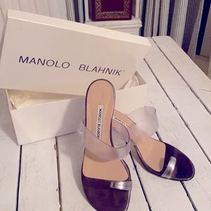 Manolo blahnik slingback patent pewter sz 6 1/2 B…